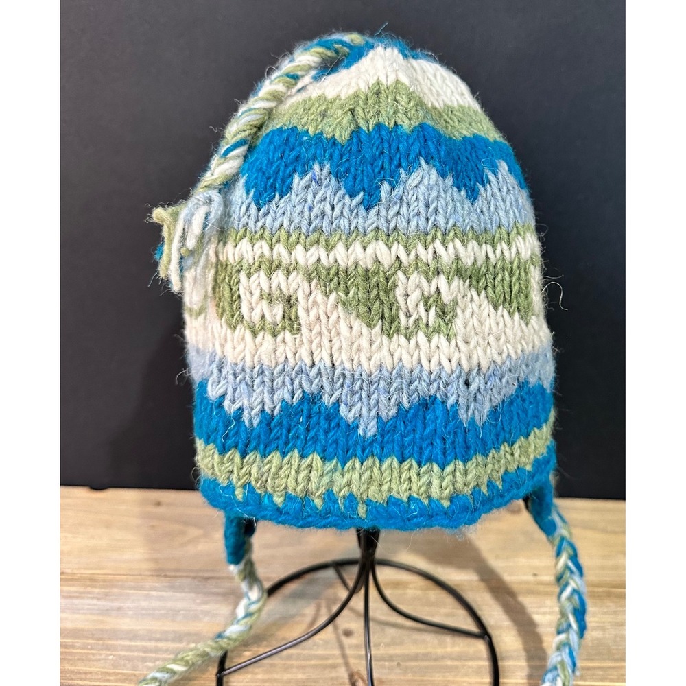 D&Y Earflap Beanie Chevron Knit Wool Nepal Unisex OSFM Blue Green Winter Grunge
